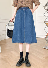 Boutique Denim Blue Solid Elastic Waist Side Open Cotton A Line Skirt